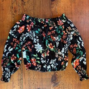 Off the Shoulder Floral Long Sleeve Blouse Black, Green, White Size M Crop